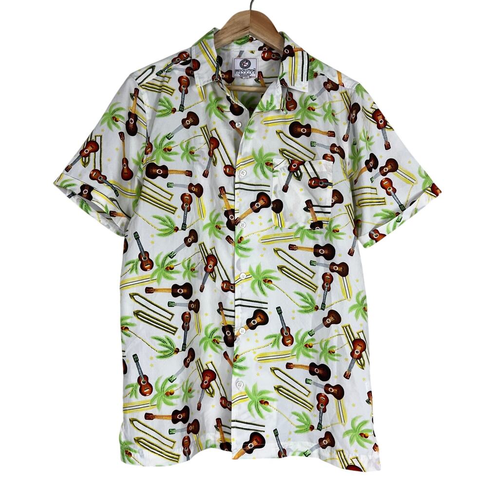 One Resolution Clothing Button Down Shirt Mens S White Guitar Surfboard Retro